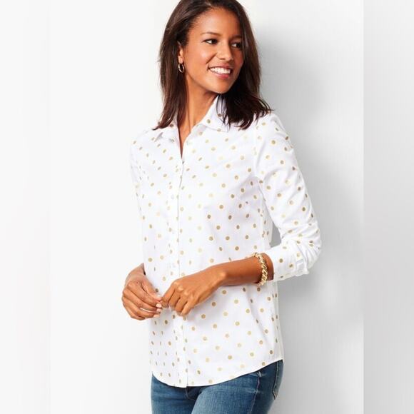 Talbots Classic Cotton Shirt Gold Foil Dot Plus Petite 2X Polka Dot Preppy - Picture 1 of 13